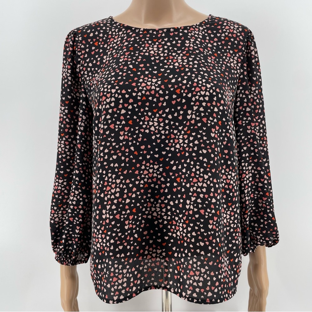 Apt. 9 Blouse Black Pink Hearts Long Sleeves Petite M
